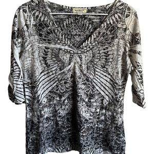 One world fairy core shirt black white embellished size M y2k angel wings 2000s